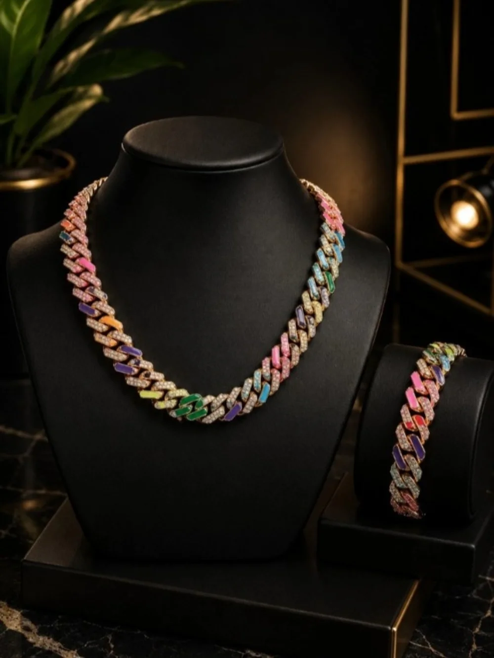 Men's Multicolor Cuban Link Necklace & Bracelet Set - Fashion Jewelry